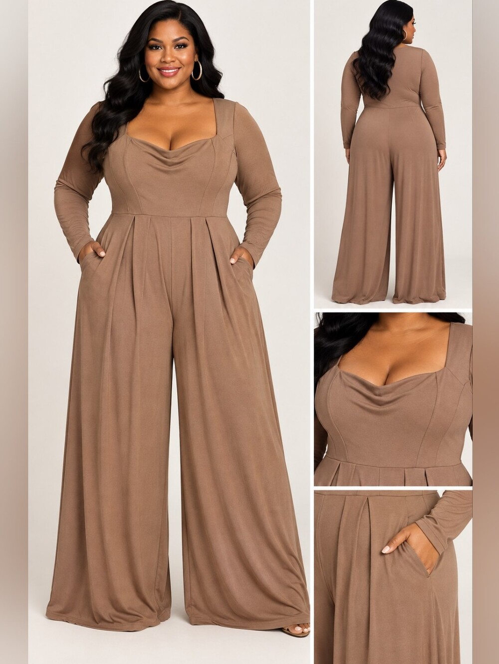 Square-Neck Wide-Leg Jumpsuit in Taupe